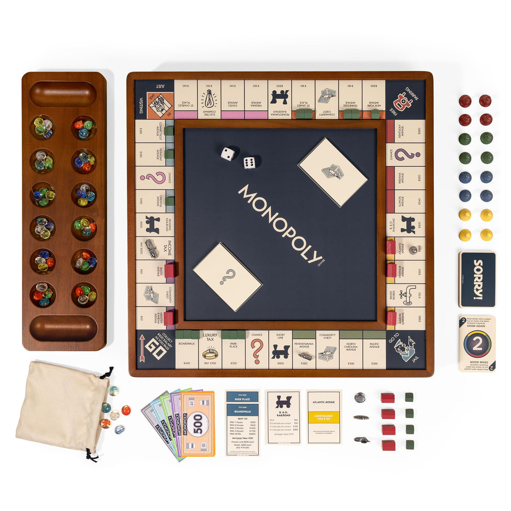 Built-in storage under the lid helps keep Monopoly, Sorry!, Mancala pieces organized