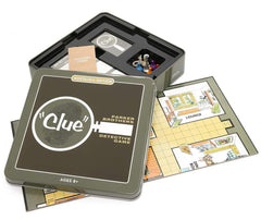 WS Game Company Clue Nostalgia tin with retro artwork for storage.