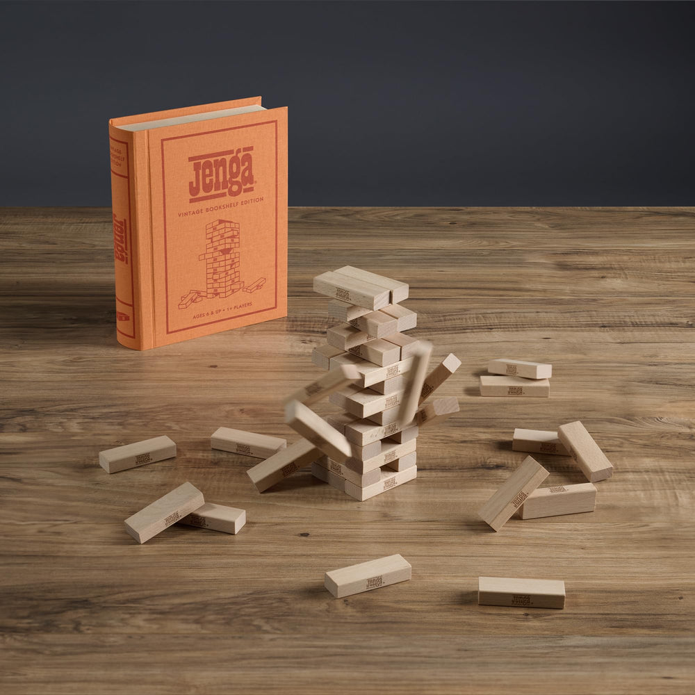 WS Game Company Jenga linen-wrapped book box highlights premium finish and decorative appeal
