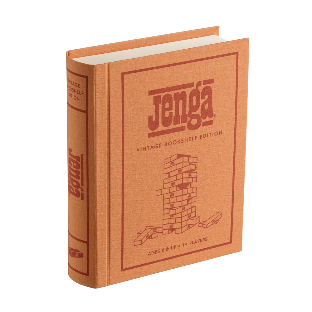 WS Game Company Jenga vintage bookshelf box displays elegant storage and display on a shelf