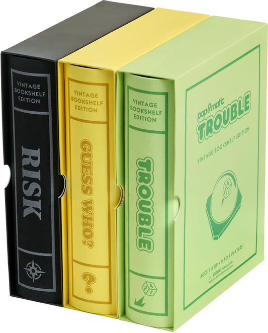 WS Game Company Risk, Trouble, and Guess Who? shelf collection on display for game nights.