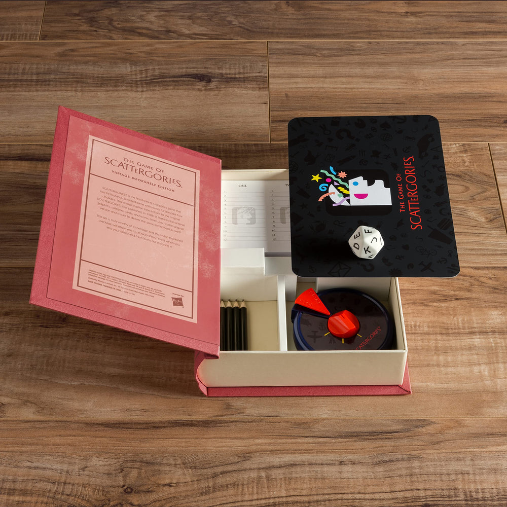 WS Game Company Scattergories contents with category cards and a die for quick setup