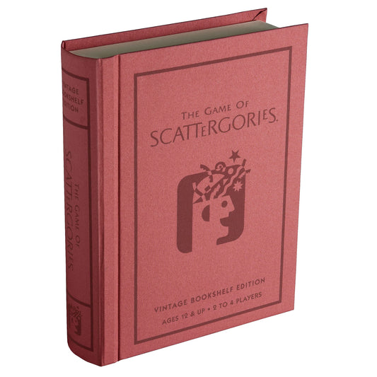 WS Game Company Scattergories vintage edition with linen-wrap bookshelf enhances display and play-ready setup
