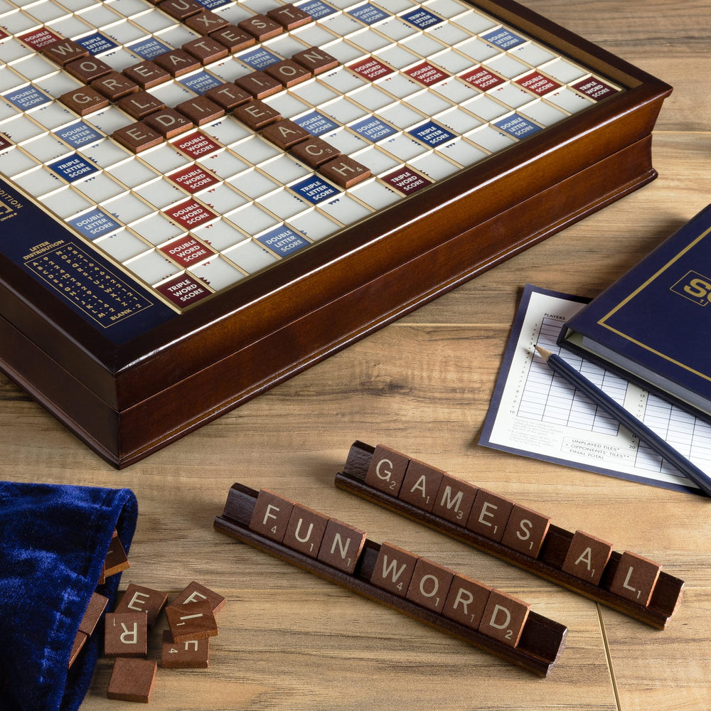 WS Game Company Scrabble Deluxe hidden storage under board keeps gear organized