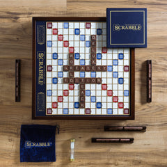 WS Game Company Scrabble Deluxe mahogany cabinet offers premium storage and presentation
