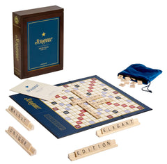 WS Game Company Scrabble Heritage Edition walnut storage book keeps the game neatly on your shelf.
