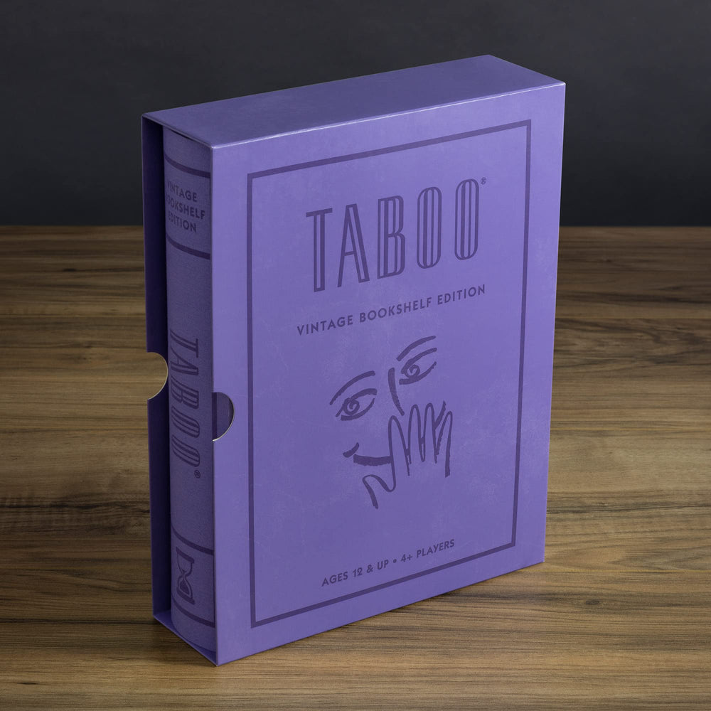 WS Game Company Taboo Vintage Bookshelf Edition sand timer keeps rounds moving.