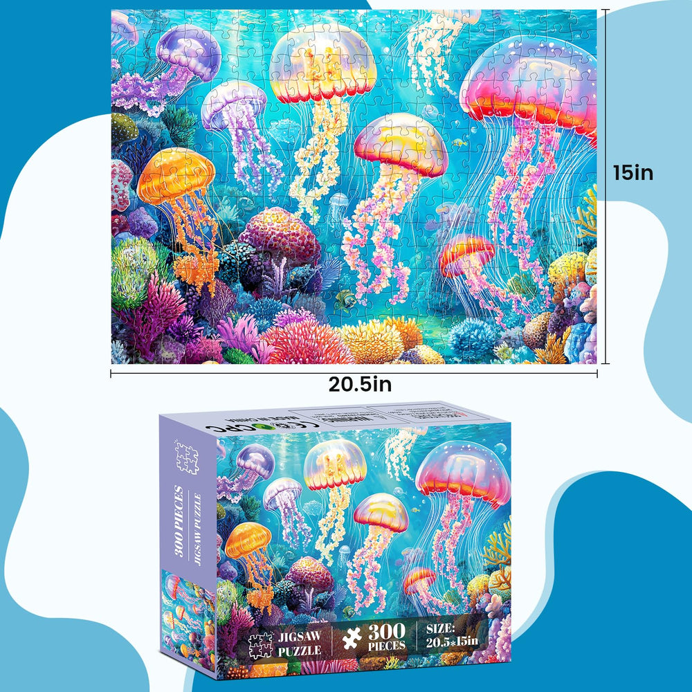 WSCXSC 300-piece puzzle close-up reveals vibrant jellyfish imagery and crisp printing.