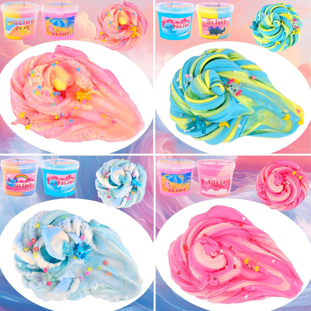 WUJYLY axolotl slime kit packaging with six containers for easy storage.