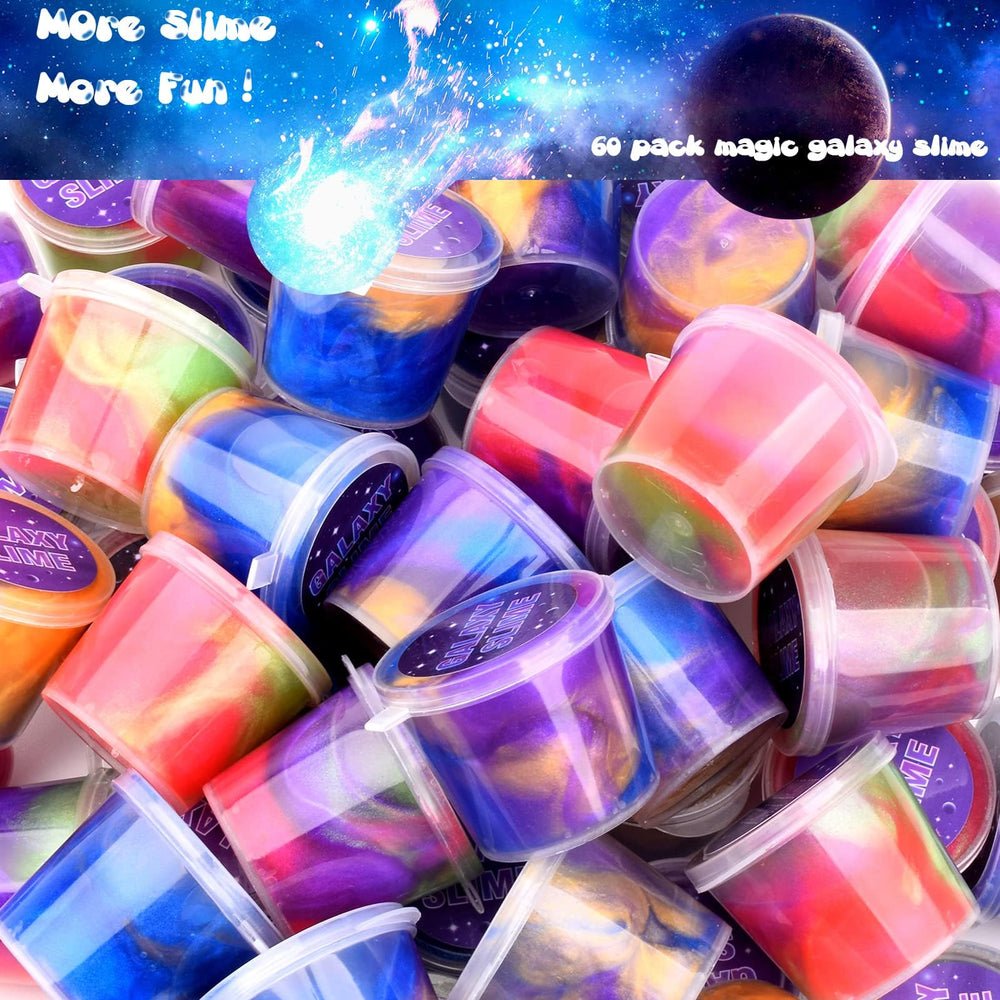 WUJYLY Galaxy Slime Kit unboxing reveals 60 packs for large events.