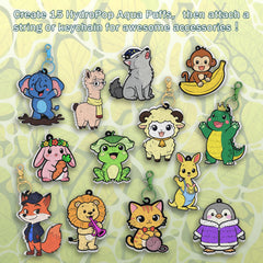 Finished Aqua Puffs ornaments ready for backpack charms or decor.