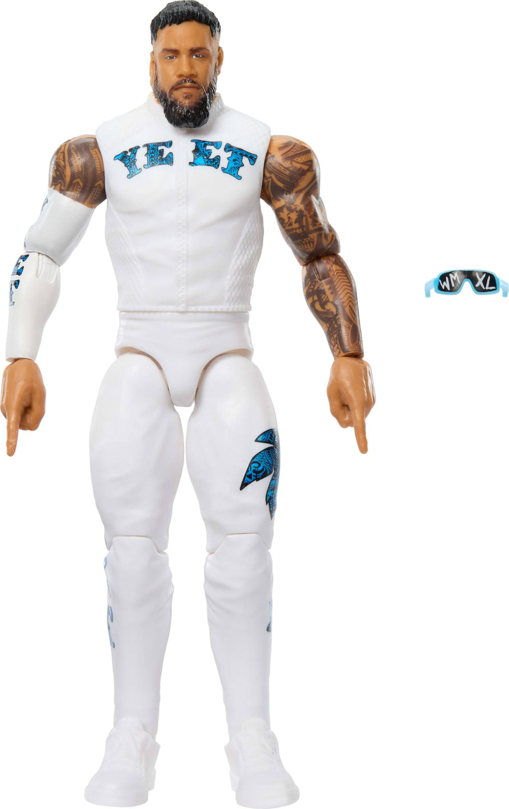 WWE Jey USO figure front view with TrueFX face for lifelike display.