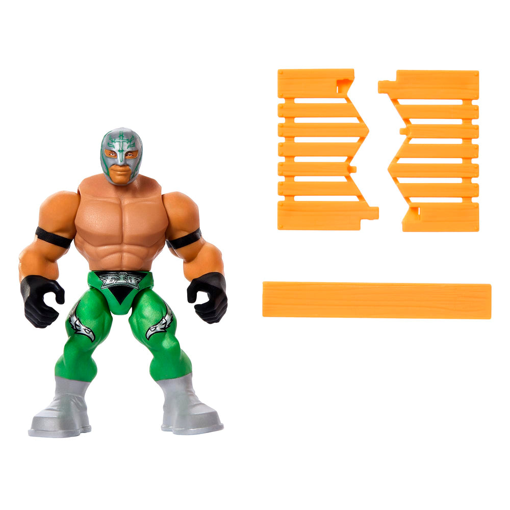 Front view of Rey Mysterio green Knuckle Crunchers figure ideal for dynamic posing