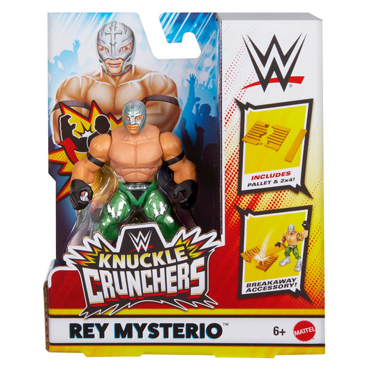 WWE Rey Mysterio green Knuckle Crunchers action figure pack shot for display and imaginative play