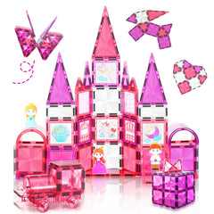 W WISE BLOCK 101pcs magnetic blocks set builds a castle with cars, sparking imaginative play.