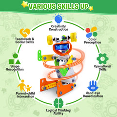 W WISE BLOCK assembly instruction models demonstrating step by step projects for guided learning.