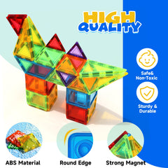 Family time grows through building with magnetic tiles that foster shared problem-solving.
