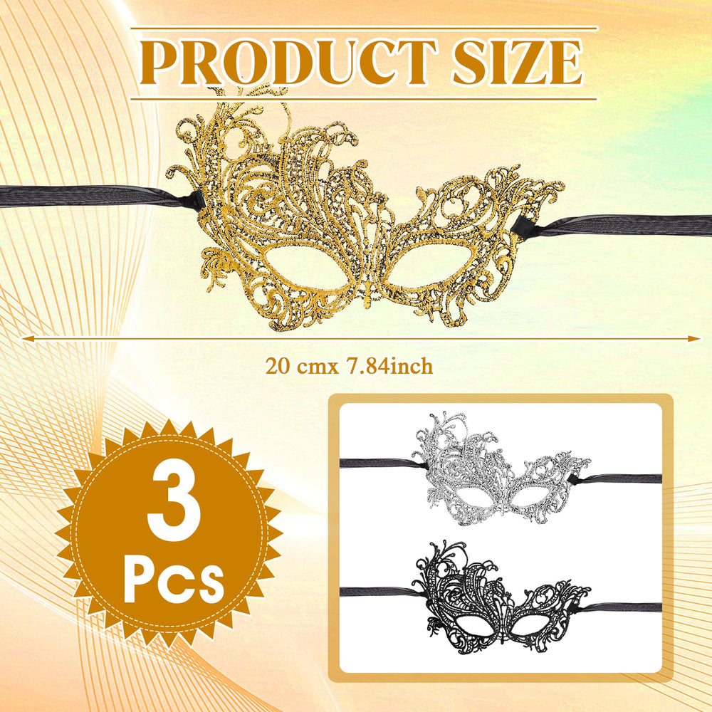 WY LIGHTING LEVEL 3-Pieces Masquerade Mask in gold lace, ideal for Mardi Gras celebrations.