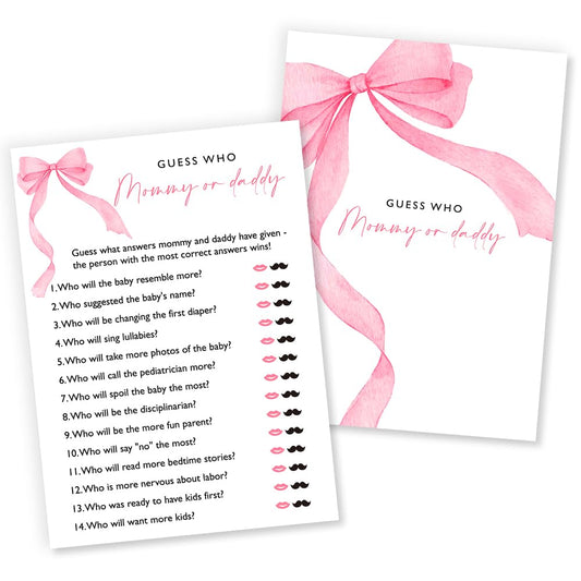 Wybgno Guess Who Mommy or Daddy game with pink bow, ideal for engaging guests.