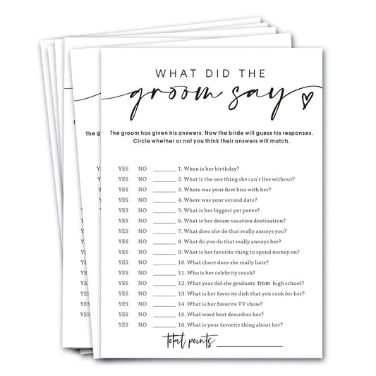Wybgno wedding shower cards showing What Did the Groom Say for guests' fun memories