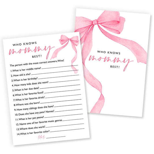 Wybgno Who Knows Mommy Best cards with pink bow design for a baby girl shower.