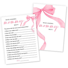Wybgno Who Knows Mommy Best cards with pink bow design for a baby girl shower.