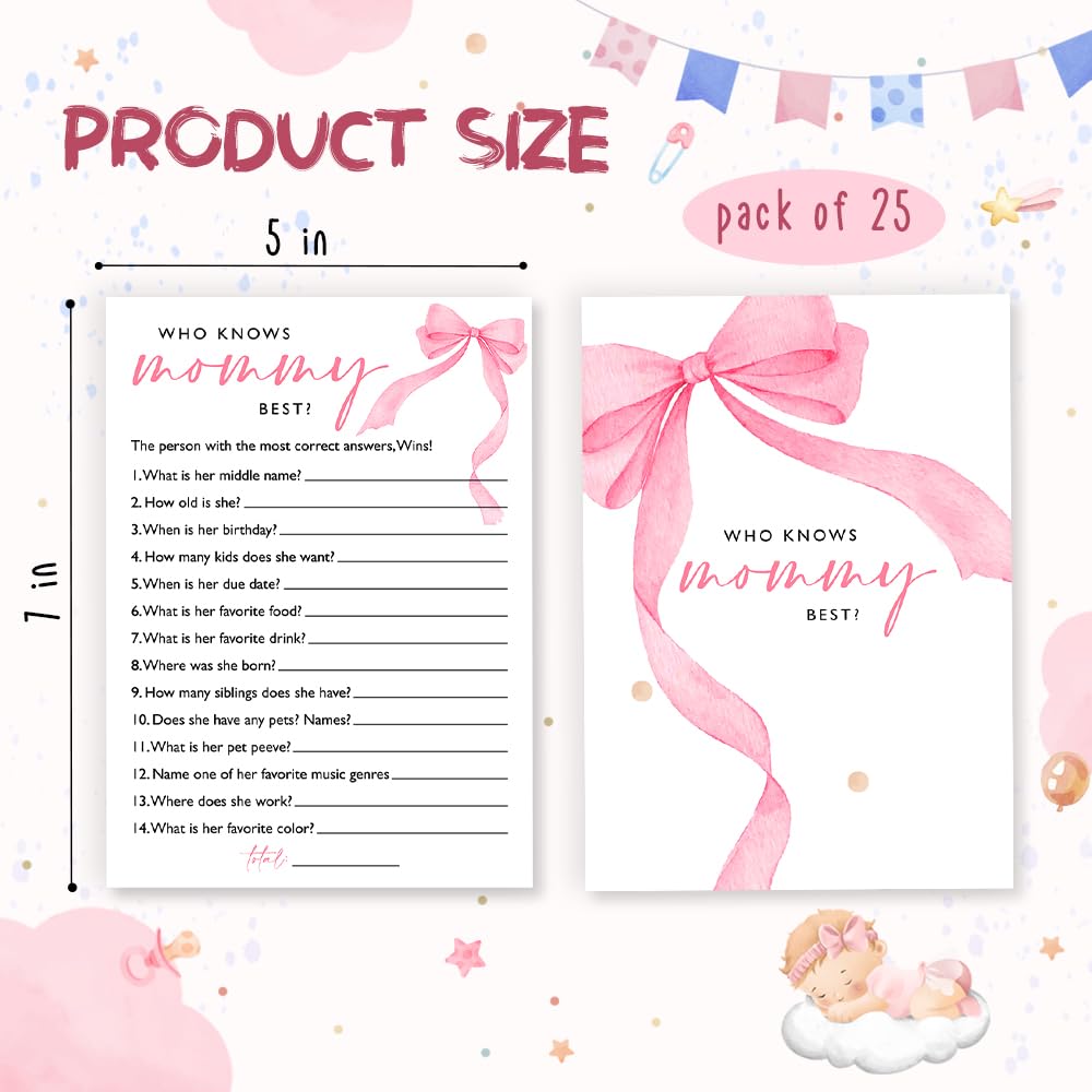Wybgno baby shower game packaging showing 25 pink bow cards for quick setup.