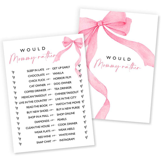 Wybgno Would Mommy Rather cards with pink bow design for fun baby shower icebreakers.