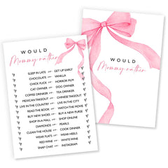 Wybgno Would Mommy Rather cards with pink bow design for fun baby shower icebreakers.
