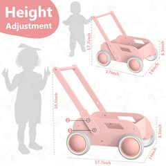 WyfKyd pink wooden baby walker height adjustment feature in use