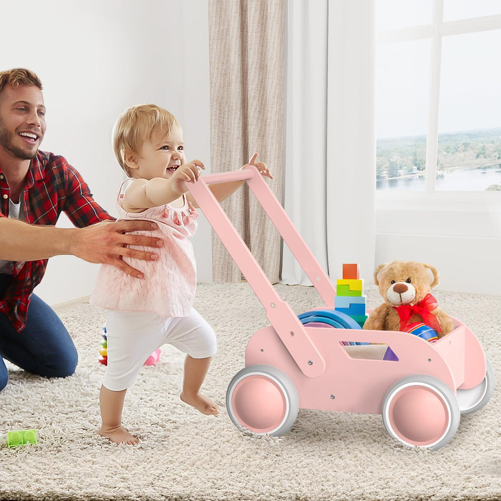 WyfKyd pink wooden baby walker wheels detail for smooth floor motion
