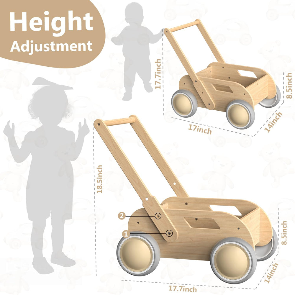 WyfKyd wooden baby walker storage space helps store toys and promote organization.