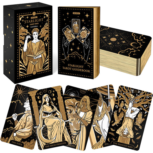 Wyspell Starlight Tarot Deck with gold edition for beginners, featuring radiant artwork