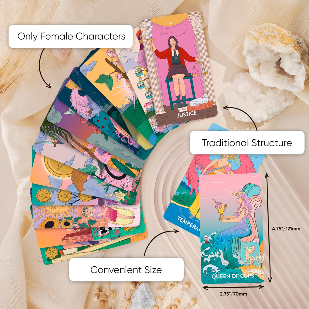 Wyspell Tarot Deck in pink art featuring female figures for modern readings.