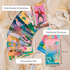 Wyspell Tarot Deck in pink art featuring female figures for modern readings.