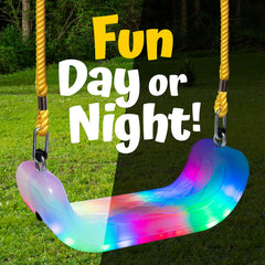 Firefly swing seat showing seven lighting modes and eight colors for versatile ambiance.