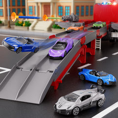 Xelabrion fire-truck compartment open reveals race cars for cooperation.