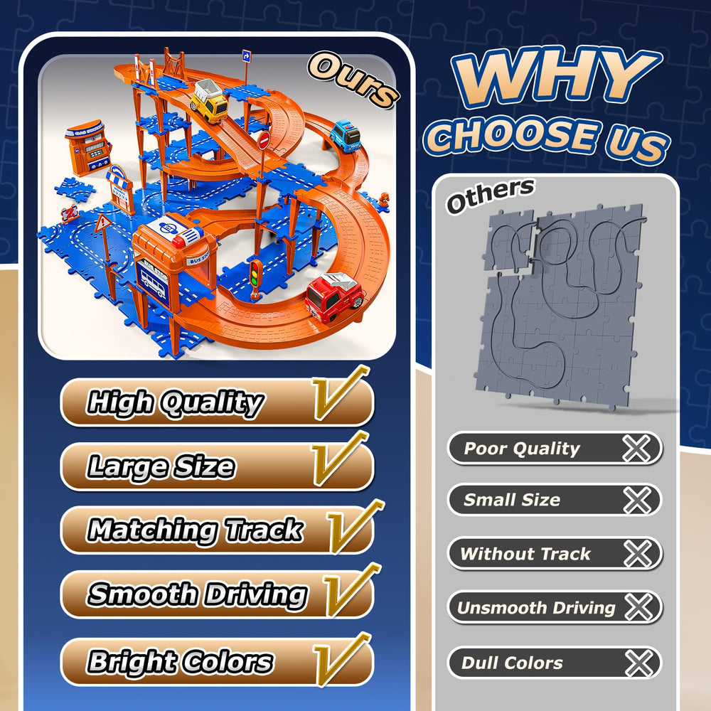 Xelabrion puzzle track car set secure connectors prevent easy derailments
