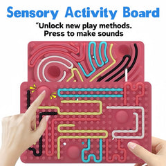 Xesakesi sensory activity board closeup showing 14 strings for tactile focus