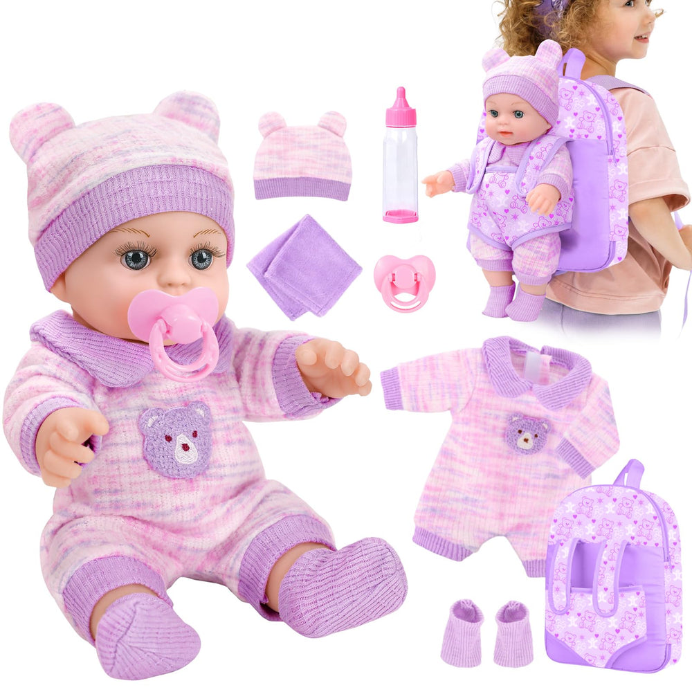 XFEYUE 12-inch doll with bear backpack promotes imaginative play and cuddling.
