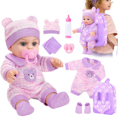 XFEYUE 12-inch doll with bear backpack promotes imaginative play and cuddling.