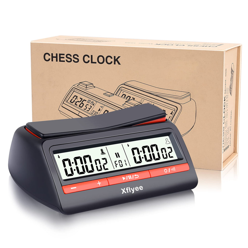 Xflyee Chess Clock front view, compact portable body ideal for travel games.