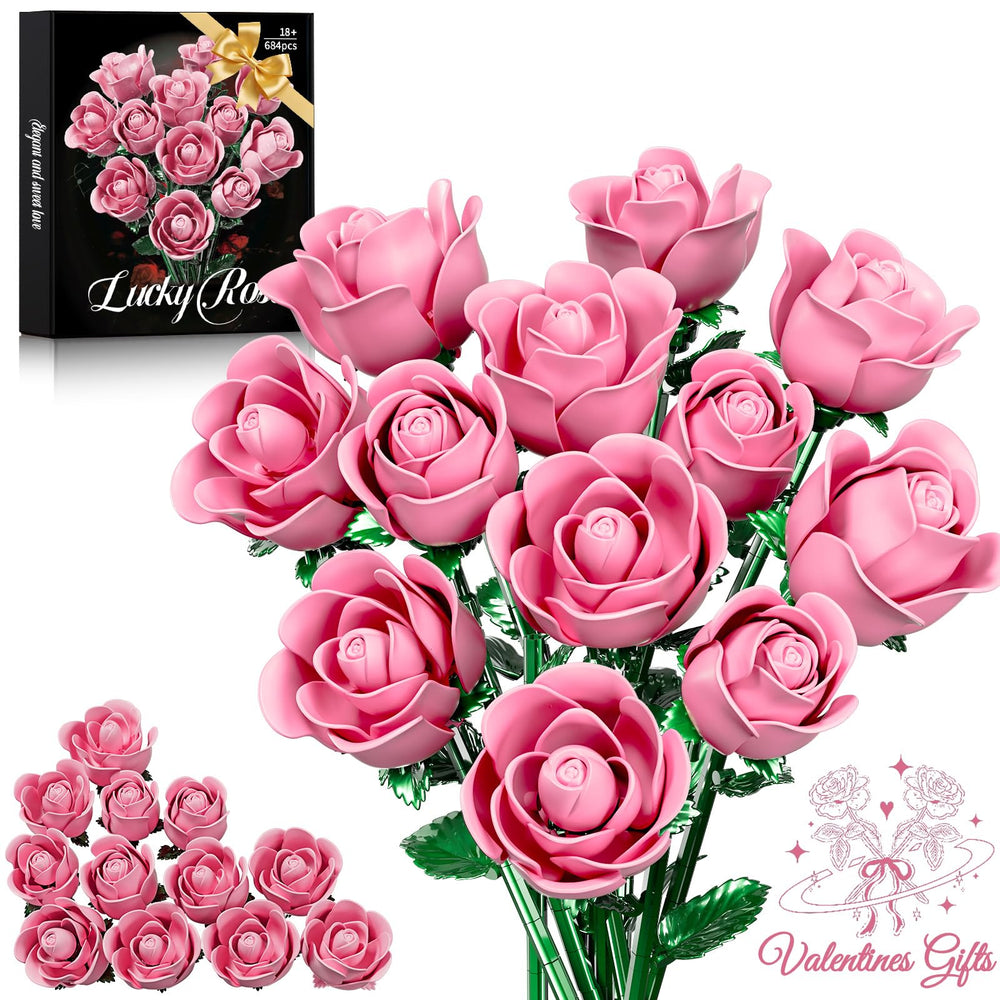 XGSHJ Pink Rose Bouquet Building Set unboxing reveals gift-ready packaging