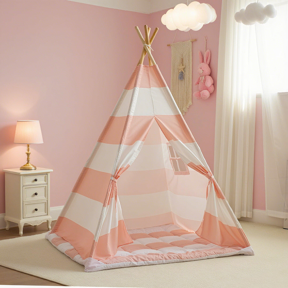 Xiaowantong teepee tent pink stripe creates a cozy kids' play space.