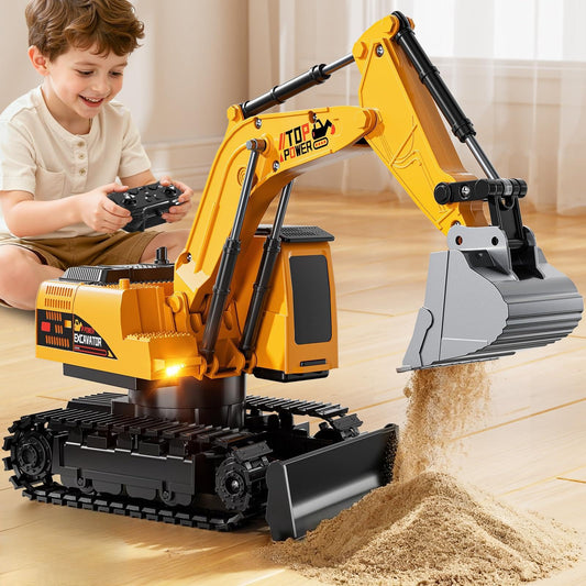 XINNOVEL RC excavator close-up highlighting lights and sounds for immersive play