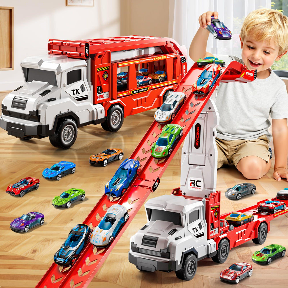XINNOVEL transporter truck with foldable track for on-the-go play and racing.