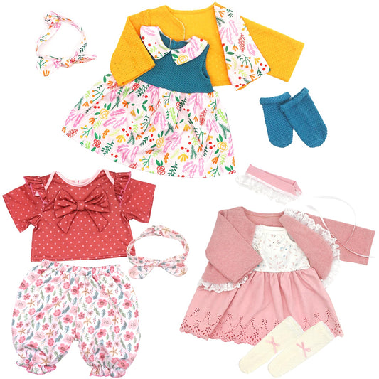 XIVEENS Reborn doll clothes set showing 3 outfits for easy dressing.