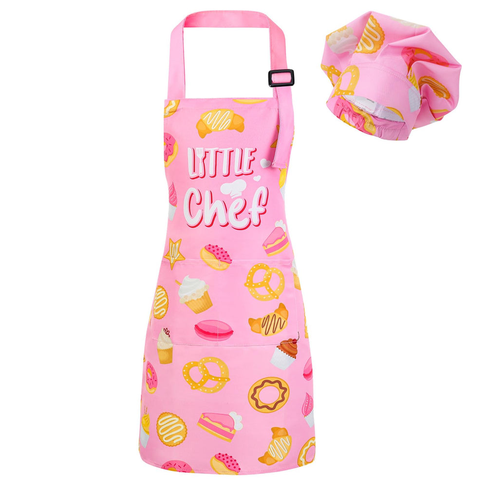 XLSXEXCL Little Chef pink apron with two pockets, ideal for kids' cooking activities