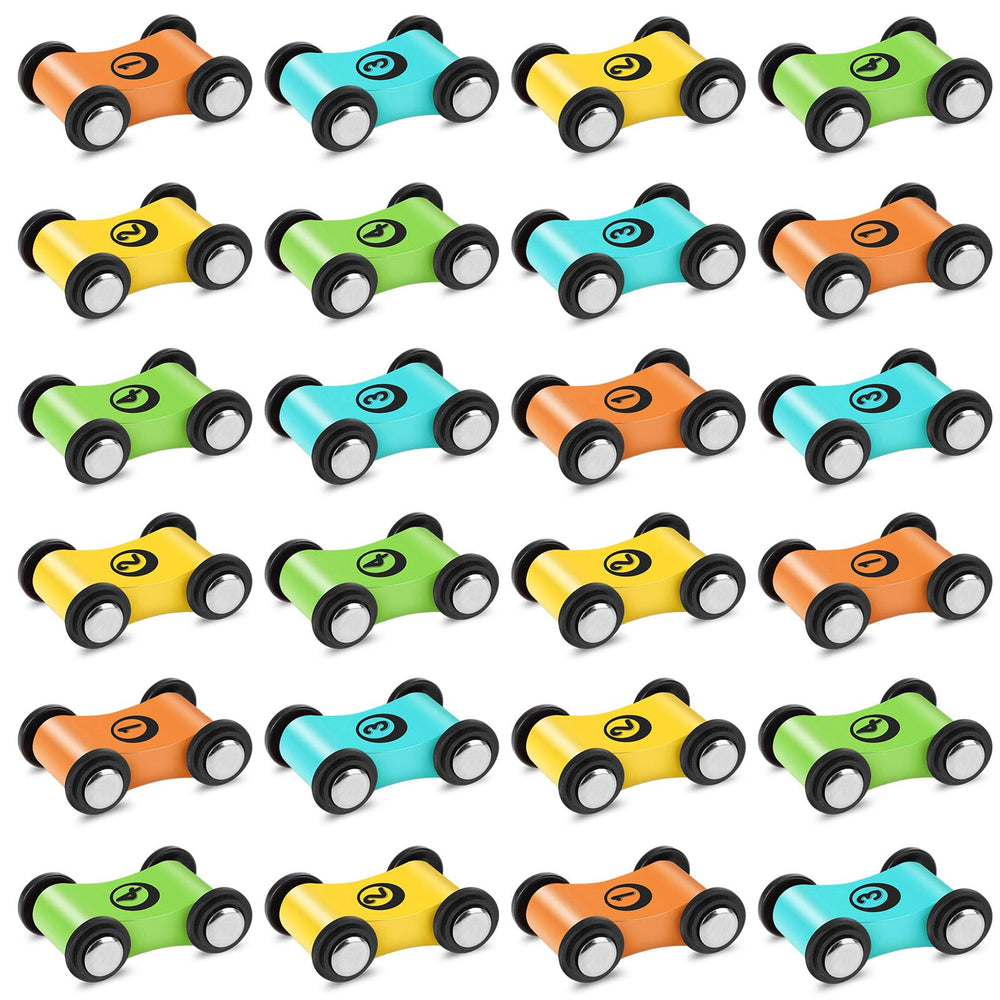 XLSXEXCL wooden cars 24-pack on a colorful ramp for durable race play