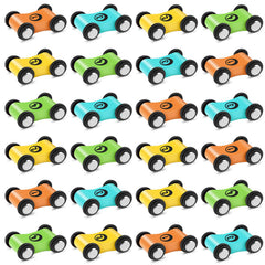 XLSXEXCL wooden cars 24-pack on a colorful ramp for durable race play